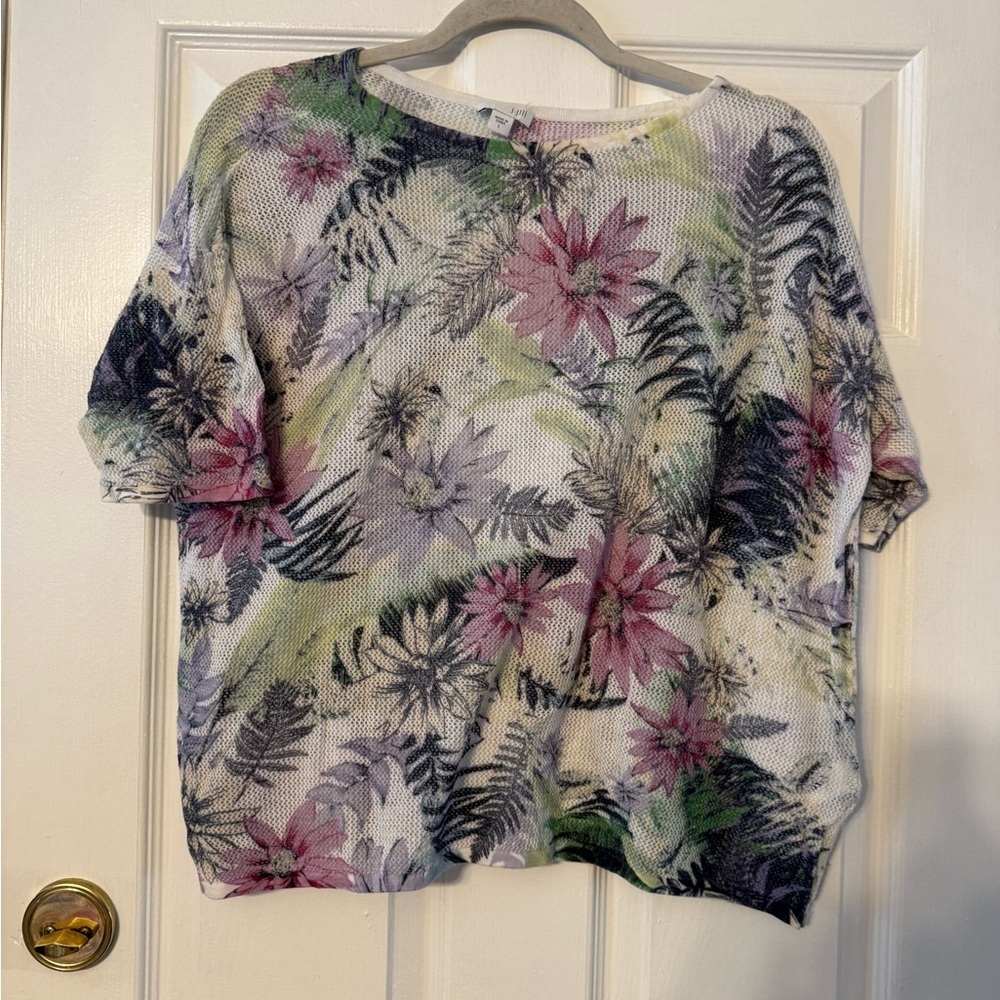 J. Jill Floral Mesh Knit Top - Pink, Green, Black